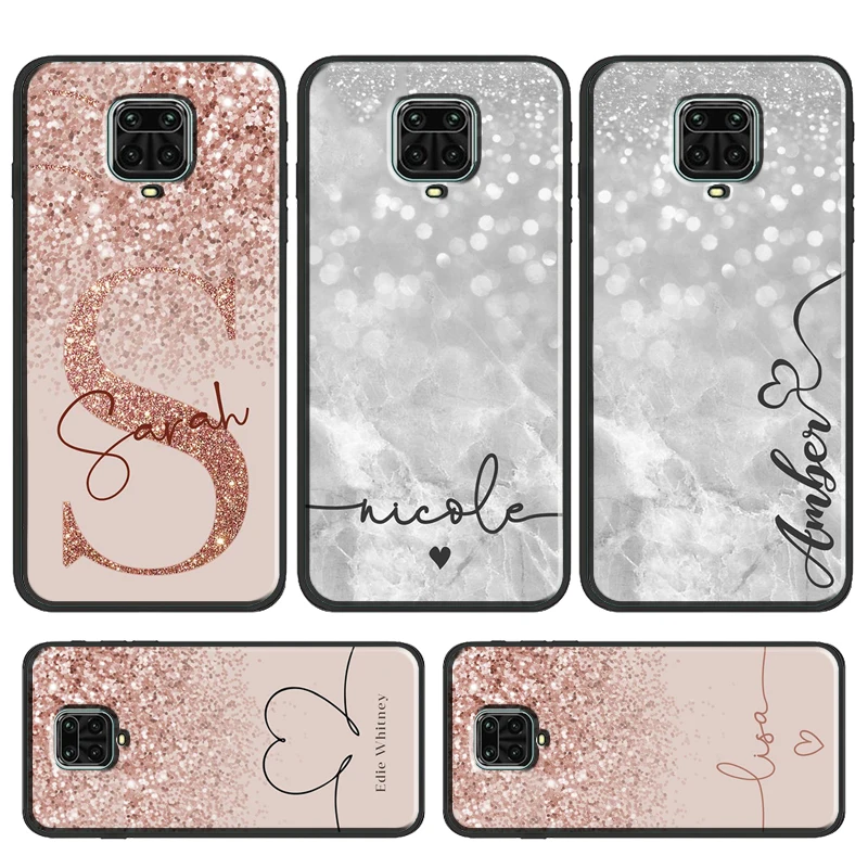 PERSONALISED Glitter name initials Case For Xiaomi Redmi Note 11 Pro 10S 9S Note 10 7 8 9 Pro Cover For Redmi 10 9 9T 9C 9A