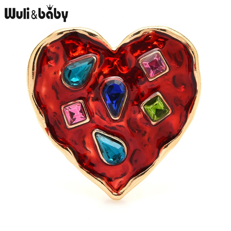 Wuli&baby Heart Brooches Women Unisex Rhinestone 2-color Red Heart Badge Brooch Pins Gifts