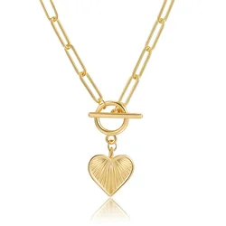 14K Gold Plated Heart Charm Pendant Necklace Paperclip Chain Choker Toggle Clasp Dainty Chain Necklace Jewery for Women Girls