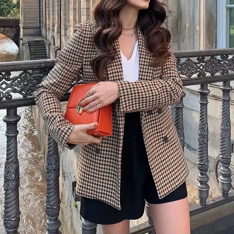 Woman Brown Houndstooth Plaid Female Blazer Autumn 2024 Retro Double-Breasted Office Lady Casual Suit Business Classic Coat Chic