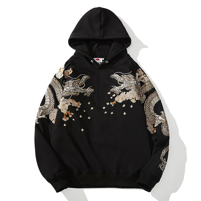 Makuluya Hoodies Yokosuka Black Dragon Phoenix Suzaku Pattern Embroidered Pullover Sakura