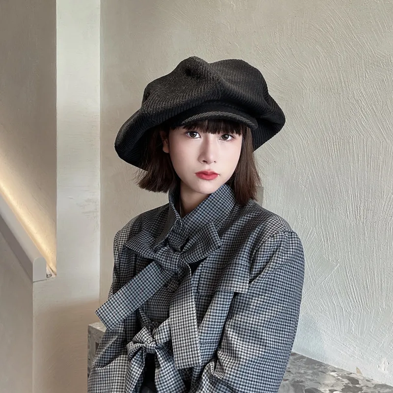 Corduroy Oversized Japanese Female Spring and Autumn Octagonal Hat Fashion Painter Newsboy Hat Painter Cloud-shaped Beret Gorros