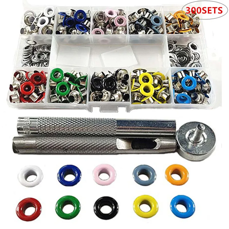 300pcs 6MM Metal Multicolor Eyelets Install Tools, DIY Grommets Buckle Scrapbooking Kit for Shoelaces Cap Bag Tag Leathercrafts