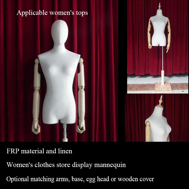 With wood arm Fabric Body dress show linen mannequin FRP material women clothes Half-body window display dummy with wooden base