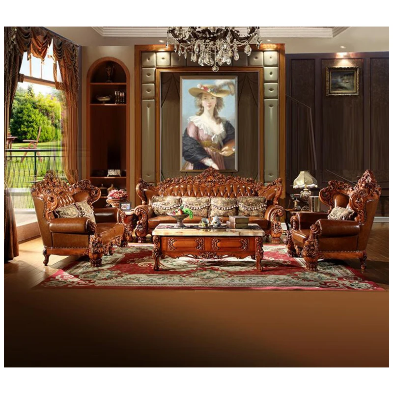 high quality  European  antique living room sofa furniture genuine leather set xhs004