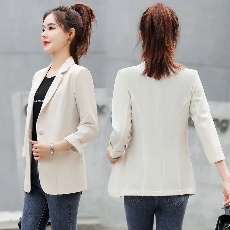 Một Khóa Ngắn Áo Blazer Nữ Áo Khoác Mùa Hè 2021 Mới Mỏng Thời Trang Hàn Quốc Slim Ba Phần Tư Top Áo Khoác Nữ autumnBlack