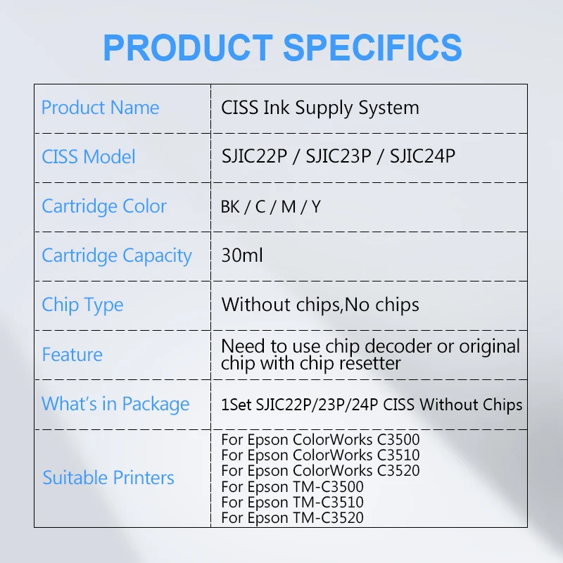 SJIC22P SJIC23P SJIC24P CISS Continuous Ink Supply System Without Chips For Epson C3500 C3510 C3520 TM-C3500 TM-C3510 TM-C3520