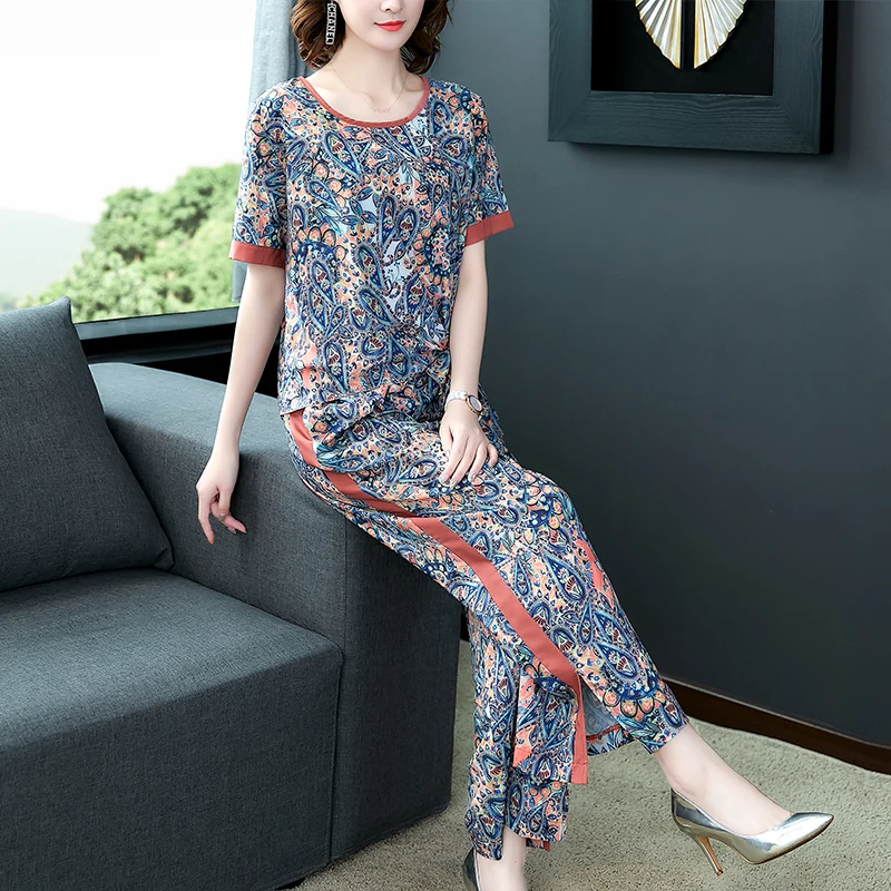 Summer Silk 2 T Shirt Women Pants Set Floral Matching Sets Clothes Casual Two Piece Outfits KJ5723