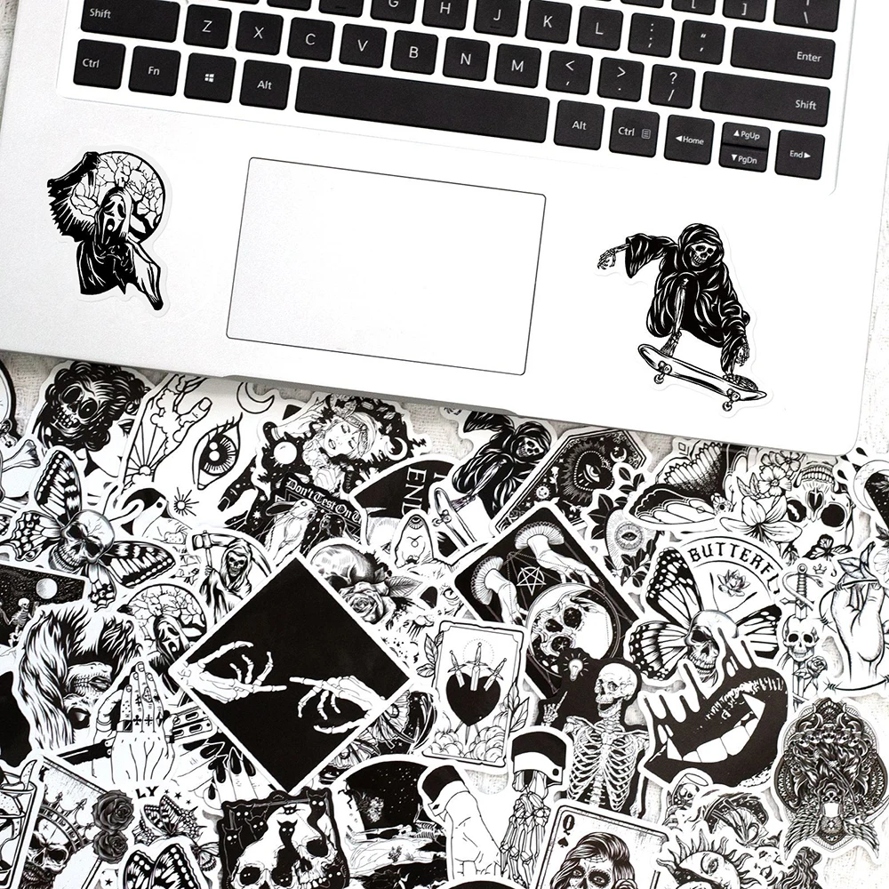 10/30/50Pcs Zwart Wit Gothic Stijl Horror Skelet Graffiti Stickers Diy Laptop Bagage Gitaar Skateboard Auto decal Kid Speelgoed F3