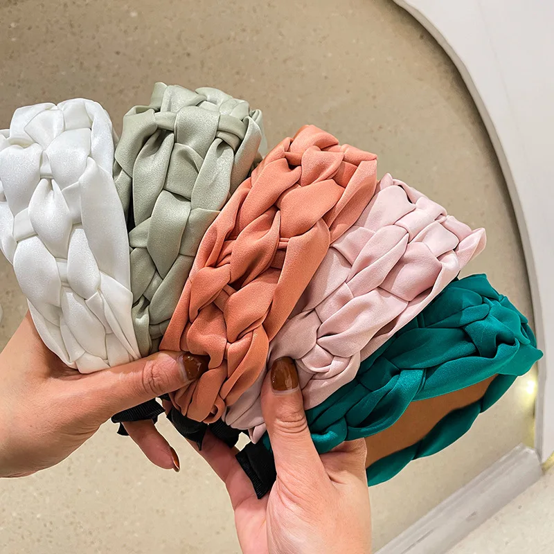 Blue Color Headband Wide Handmade Weaving Fabric Braided Hairband Solid Women Hair Accessories Ponytail Headwear Head Band