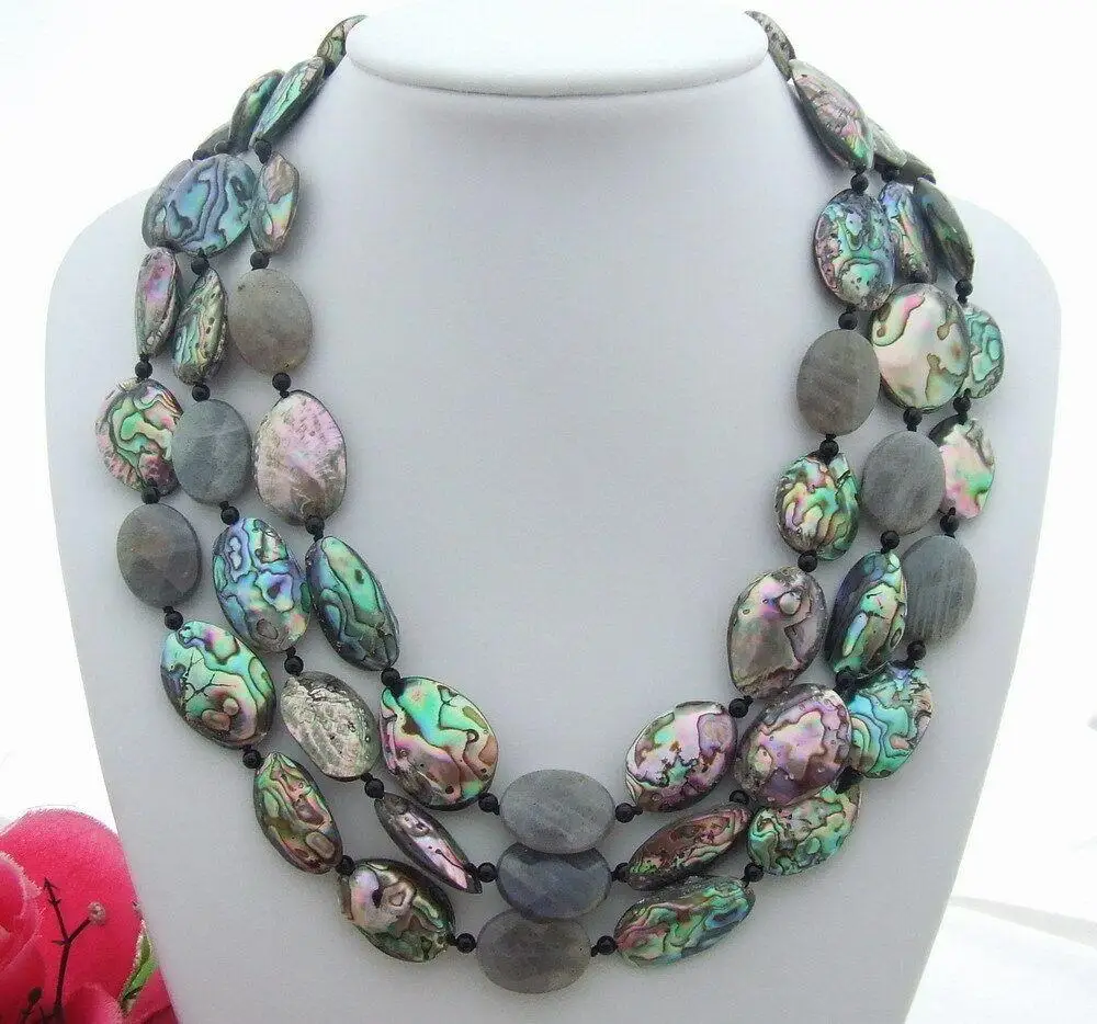 

3Strands Natural oval Paua Abalone Shell&Labradorite&Onyx Necklace handmade jewelry for women