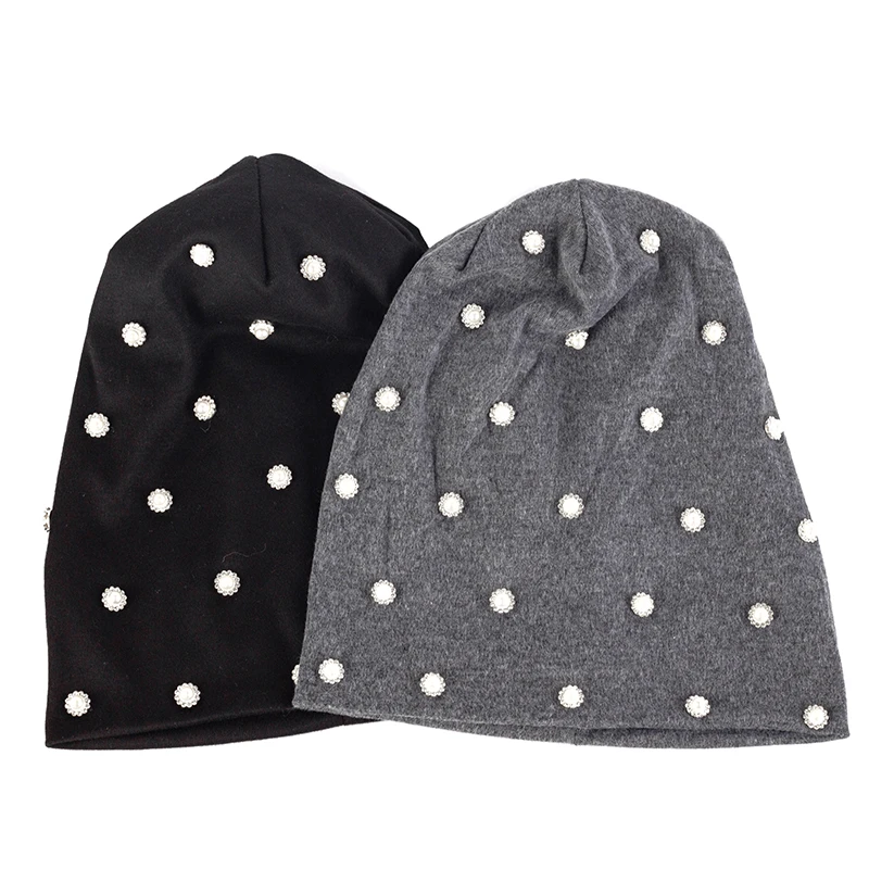 

Handmade Floral Pearl Accessory Women Beanies Fashion Solid Color Cap Soft Female Caps Ladies Cotton Outdoor Beanies Hat