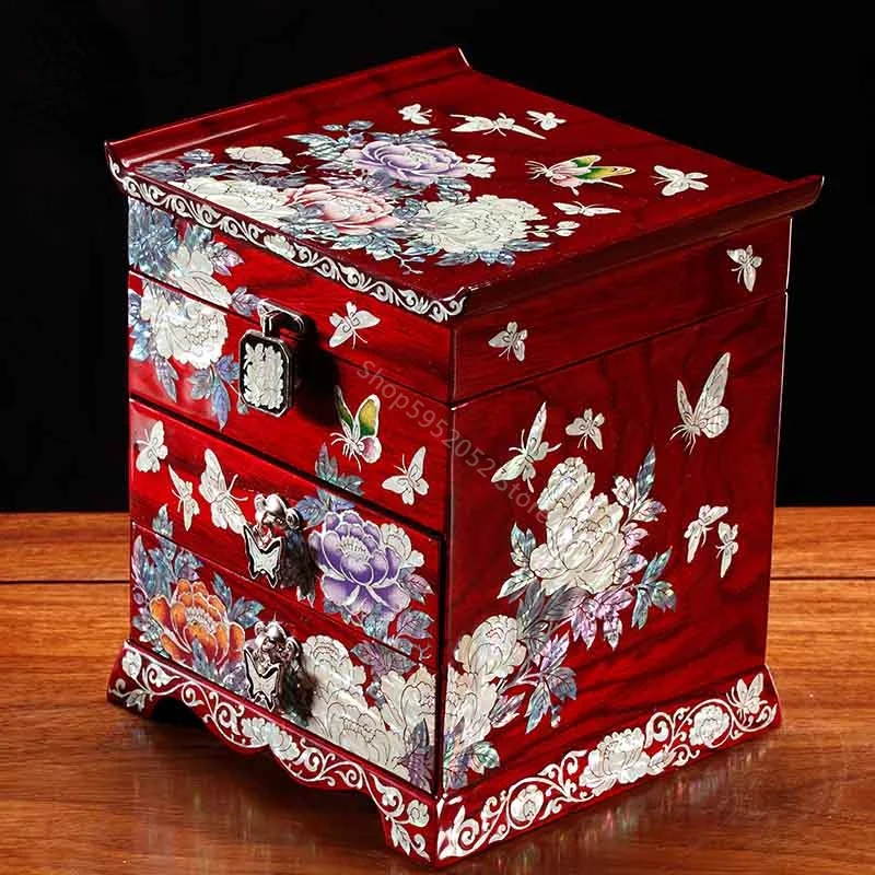 Luotian Lacquerware Jewelry Box Chinese Style Princess European-style Wooden Wedding Retro Style Gift Storage Box Organizer