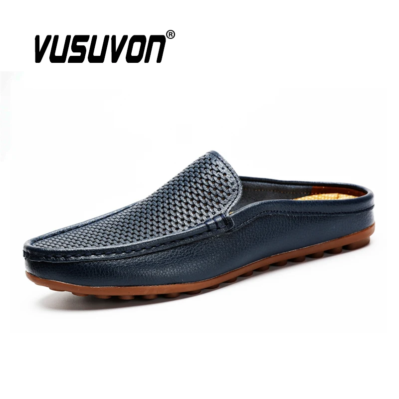 Italian Shoes Men Luxury Genuine Leather Loafers Moccasins Black Soft Outdoor Driving Flat Non-slip Fashion Slippers Summer