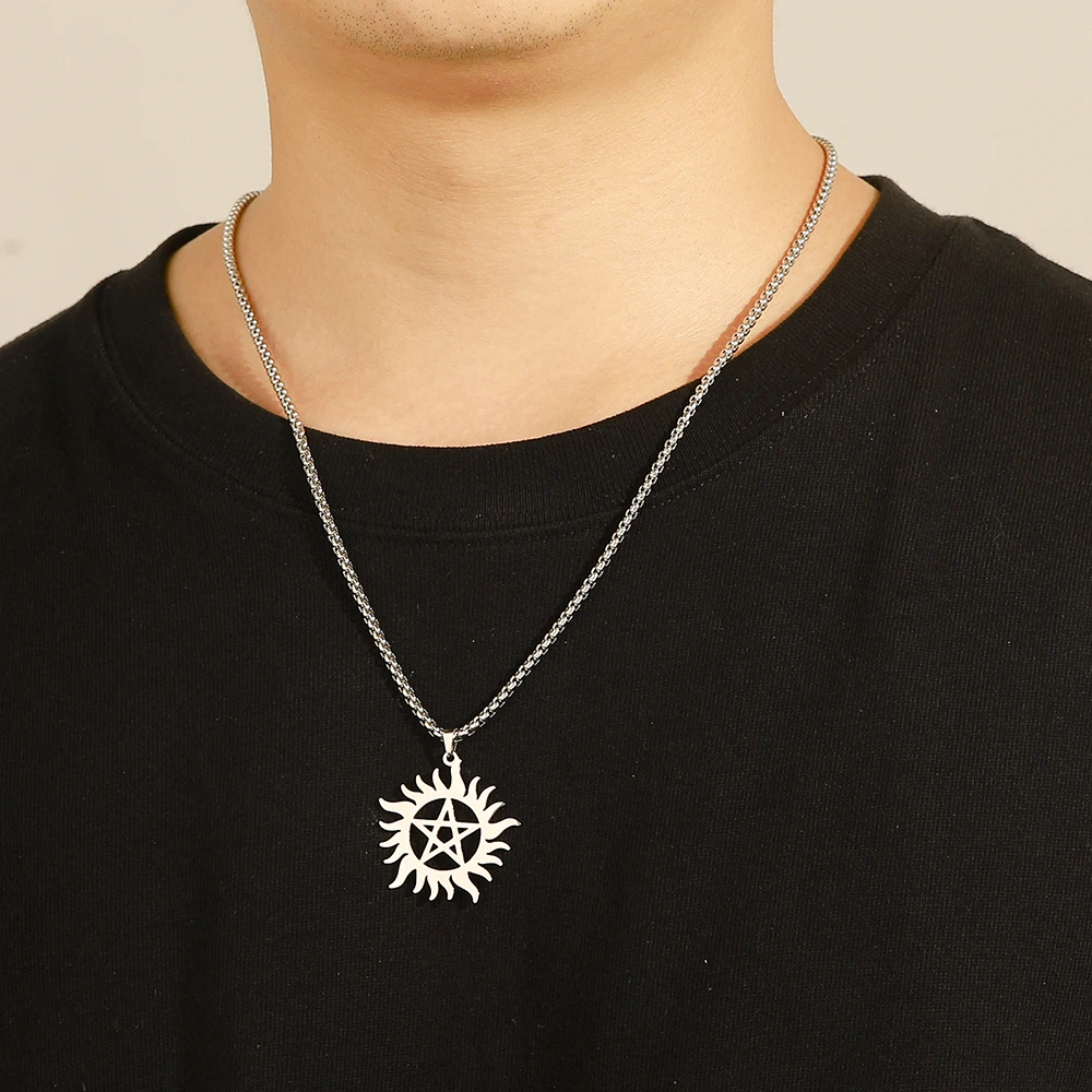 Skyrim Edelstahl Glänzende Sonne Pentagramm Anhänger Halskette Supernatural Dean Aussage Box Kette Halsketten Paar Frauen Männer – Detail 13