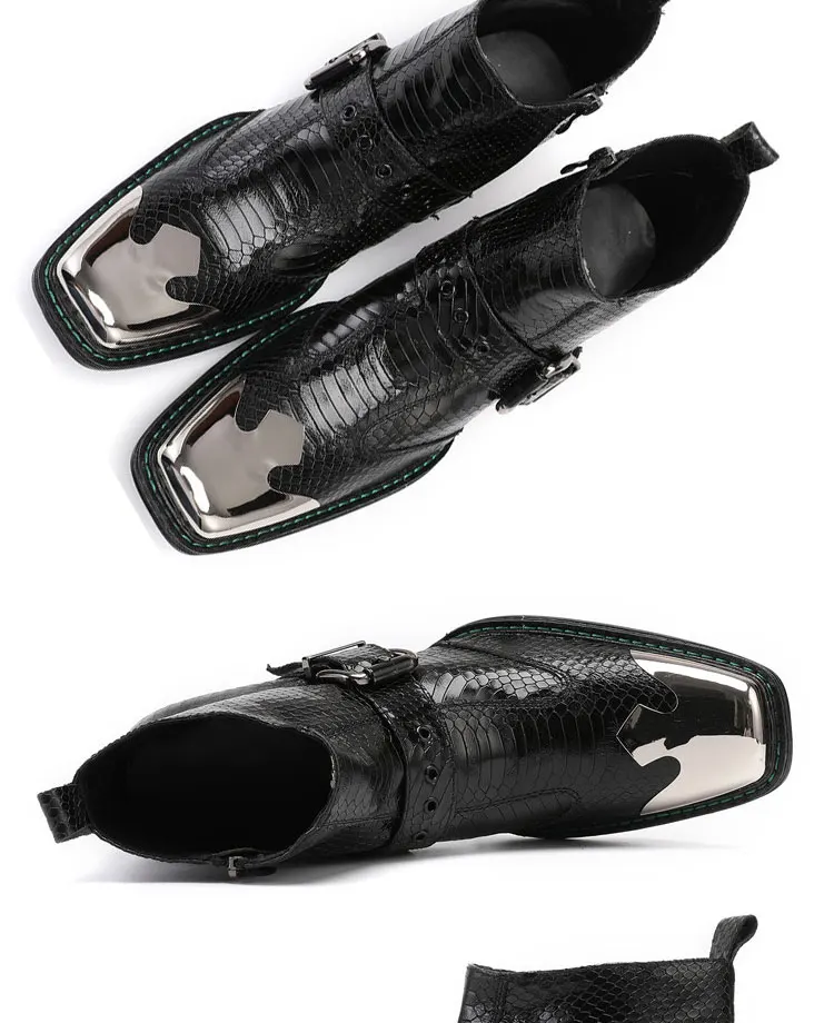 Men's Cowhide Serpentine Print Metal Decor Pointed Toe Belt High‑Heel Short Boots Western Cowboy Boots For Stage Show Party