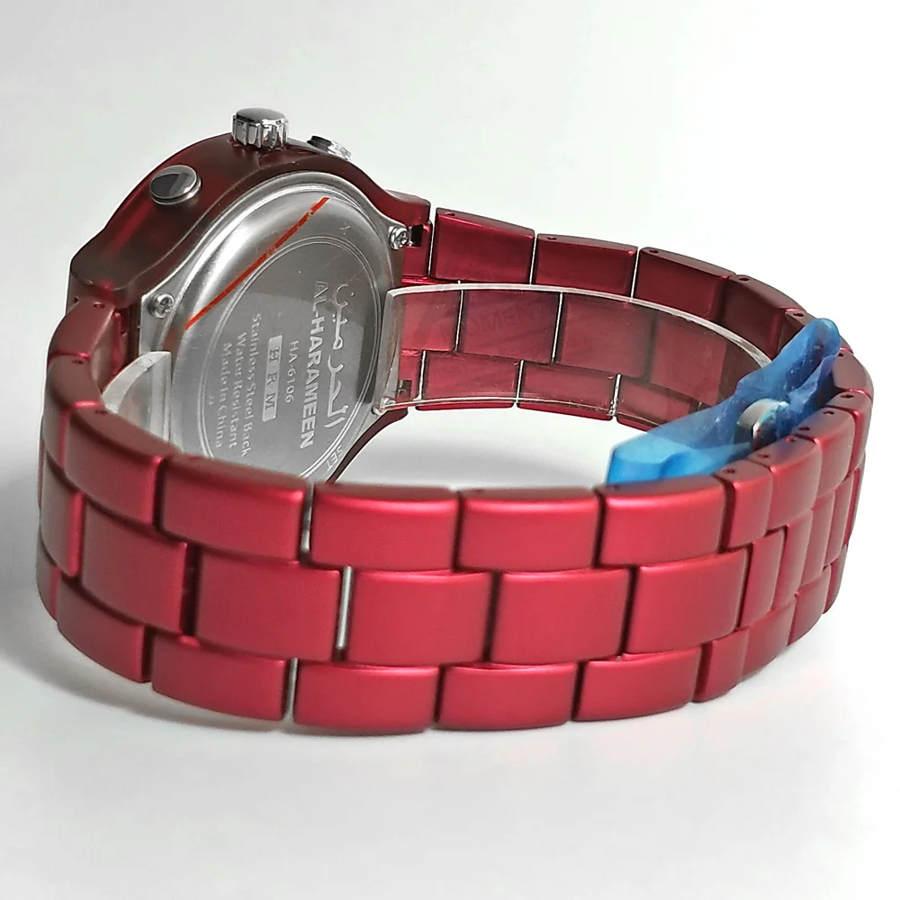 Prayer Watch For Muslim Man and Woman with Adhan Alarm Qibla Rhinestones AL-Harameen Fajr Wristwatch in Fashion Red Color