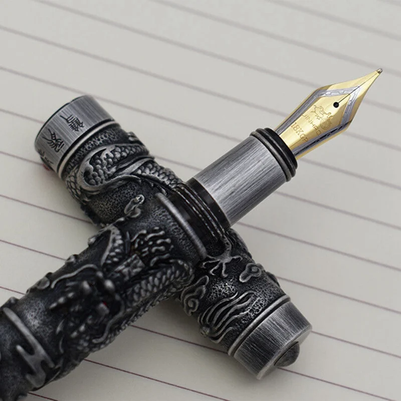 

Jinhao Dragon Fountain Pen Gray Steel Metal 18KGP Medium Nib Vintage Pens Heavy Pen Office Signature Stationery