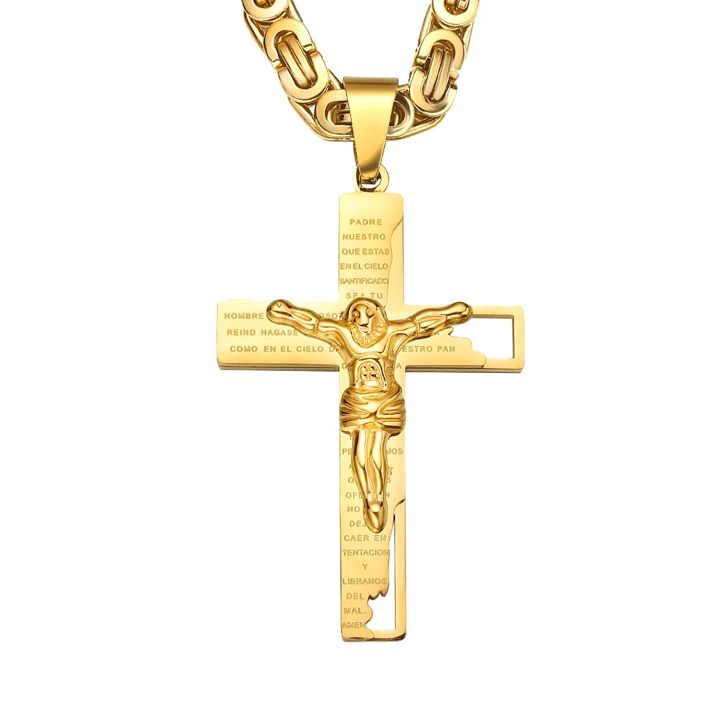 

Granny Chic Men's Cross Necklace Gold Tone Cross Pendant Stainless Steel Byzantine Chain Necklace Hip Hop Male Jewelry