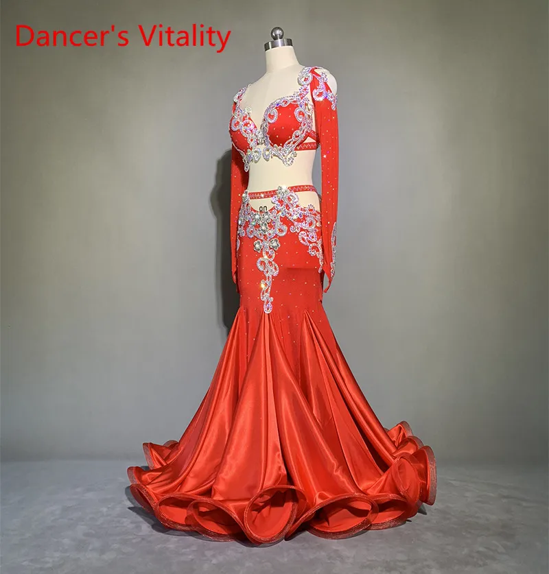 Women Proffesional Bellydance Costume Red Long Sleeves Bra Fishtail Skirt 3pcs Customized Adult Child Exotic Performance Set