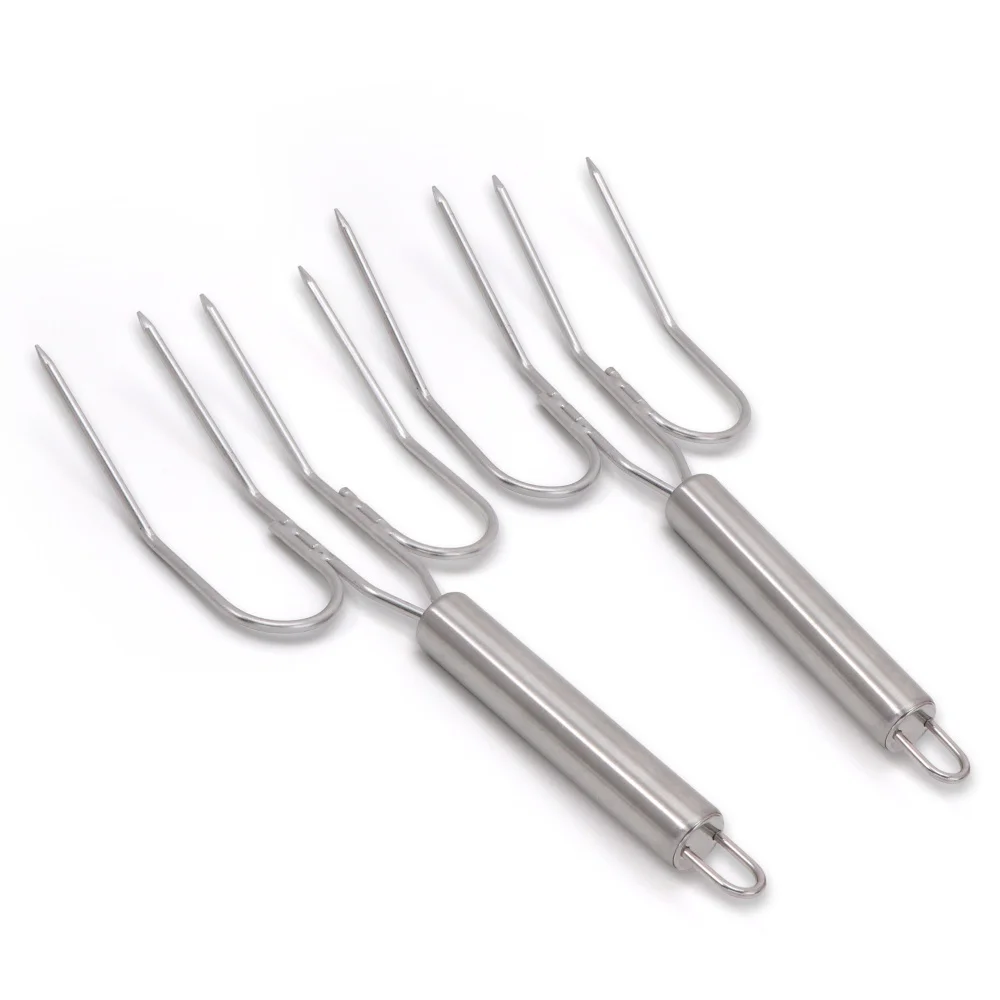 Jaswehome Full Stainless Steel 2pcs Turkey Lifter Forks Set U-Shaped Barbecue Forks Outdoor Camping Roasting Forks Baking Tools