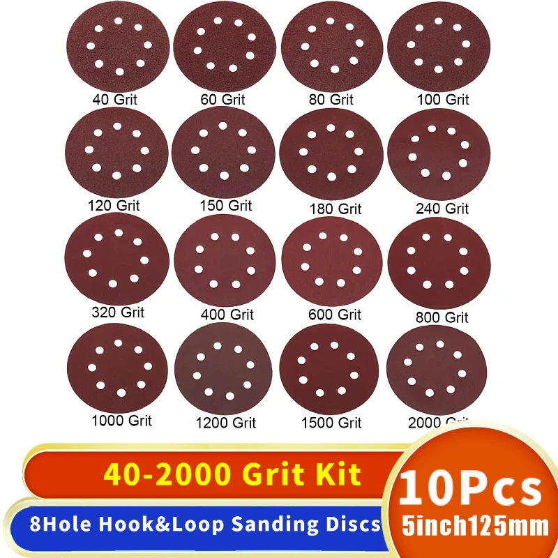 10pcs 5Inch 125mm Round Sandpaper 8 Holes Disk Sand Sheets Grit 40-3000 Hook and Loop Sanding Disc Abrasives for Polish