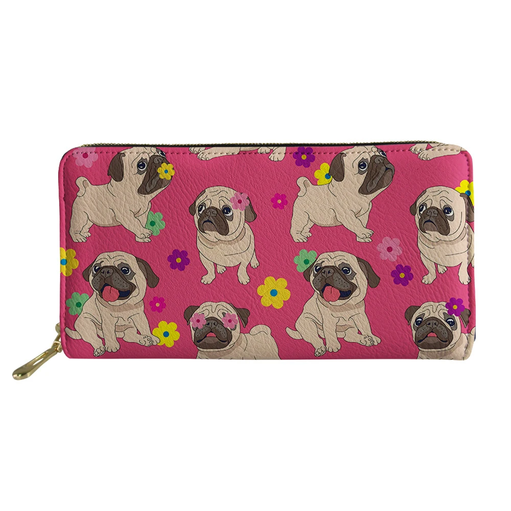 

Leather Wallets Women Zipper Clutch Purse Cute Pug Dog With Flower Print Hasp Coin Purse Cards Holder Women Money Bag Carteira