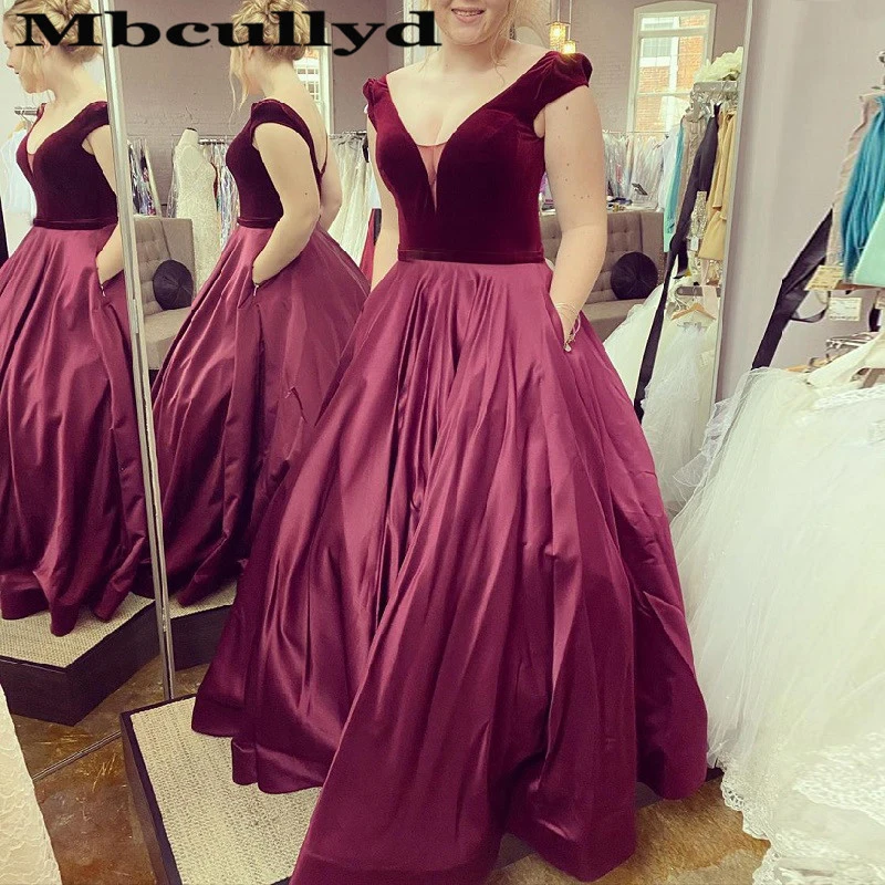 Mbcullyd Borgogna Ball Gown Abiti Da Ballo Lungo 2020 formale Cap Maniche Da Sera Vestito Da Partito Per Le Donne Con Pocket robe de soiree