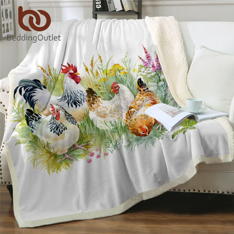 BeddingOutlet Chicken Sherpa Fleece Blanket Watercolor Rooster Soft Fluffy Blanket Animal Flower Custom Blanket Green Grass Koce