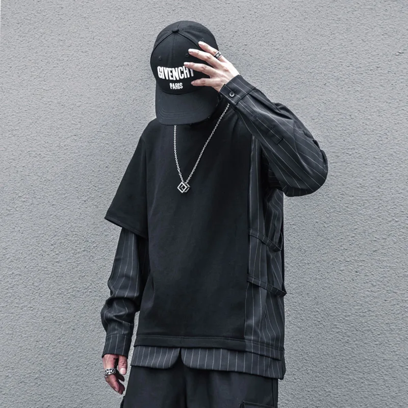 

Long sleeve Men's clothes Harajuku Unisex oversized Irregular stripe splicing winter holiday two shirts stylist half neck Hiphop