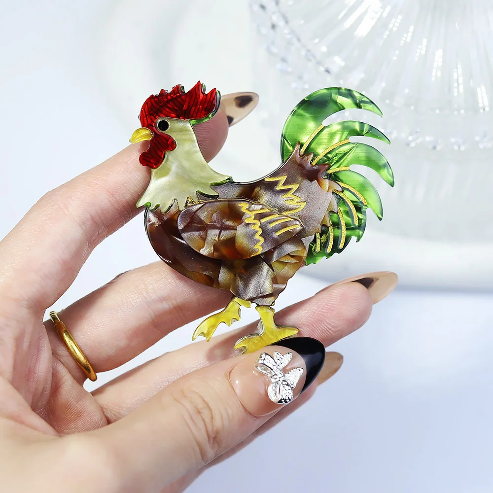 Custom Handmade Vivid Arcylic Big Tail Rooster Cock Brooches For Women Designer Unisex Chicken Party Office Brooch Pins Gifts