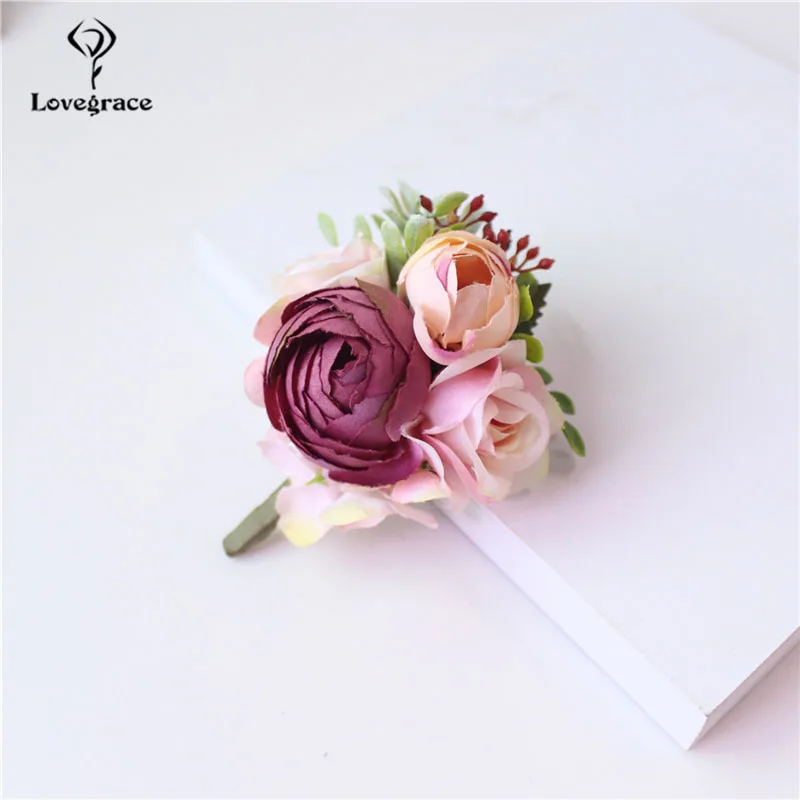 Lovegrace Corsage Groom Boutonniere Pin Bride Wrist Corsage Burgundy Champagne Silk Bracelet Men Prom Wedding Flower Accessories