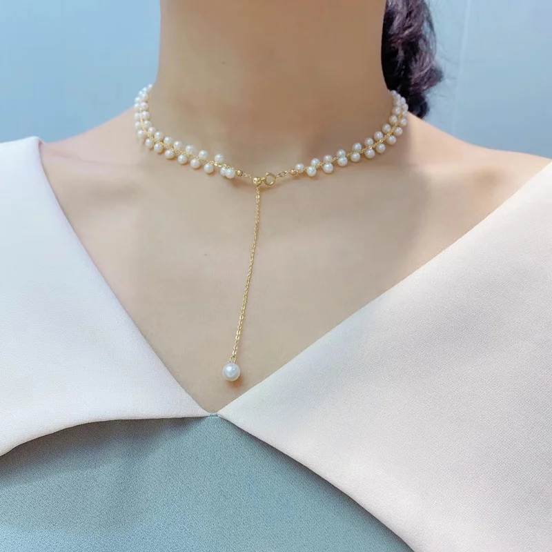 

sweet girl summer best seller tiny natural white pearl beads handmade adjustable length lady choker necklace princess jewelry