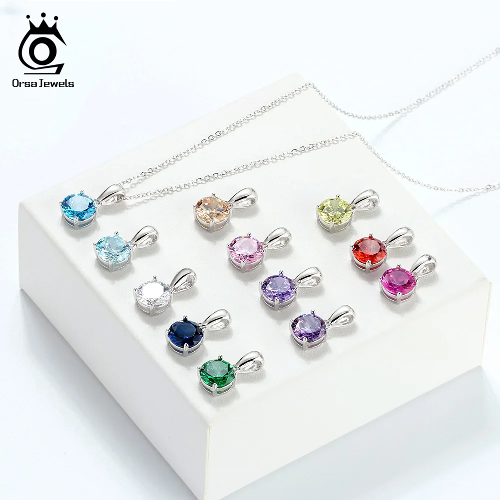 ORSA JEWELS Silver 925 Women Necklaces Lucky Birth Stone AAA CZ Round Pendants Necklace Chain Sterling Silver Jewelry OSN118-1