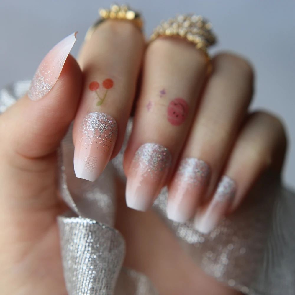 Short Ballet Baby bommer Gel glitter Coffin Fake nails Ombre Nude Artificial decorative false nails Glossy reuse