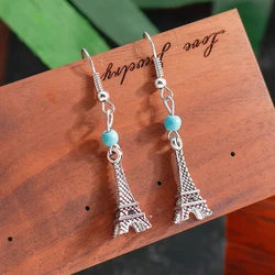 Aihua Bohemian Natural Turquoise Stone Beads Eiffel Tower Earrings for Women Vintage Tibet Silver Color Jewelry Femme Brincos