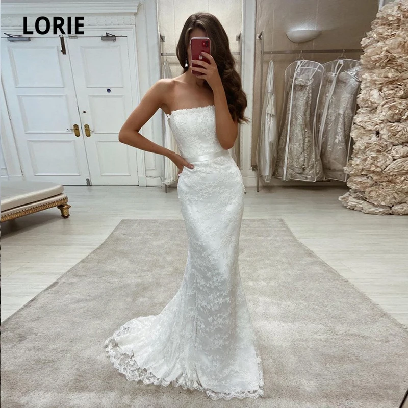 

LORIE Straples Wedding Dresses Boho Lace Elegant Mermaid Wedding Gown White Ivory Sweep Train Country Bridal Dress vestido novia