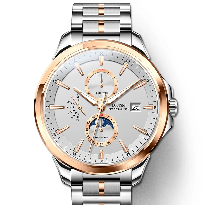 

Switzerland Luxury Brand LOBINNI Automatic Mechanical Men's Watch Multi-function Sapphire Luminous Hands Moon Phase Clock L18019