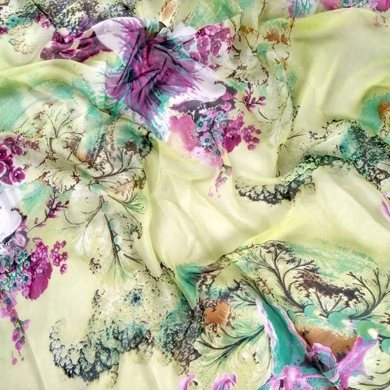 New Designer 100% Pure Natural Mulberry Silk Chiffon Fabric Light Yellow Flowers Print Shirt Cloth Decoration Scarf Wide Tissu