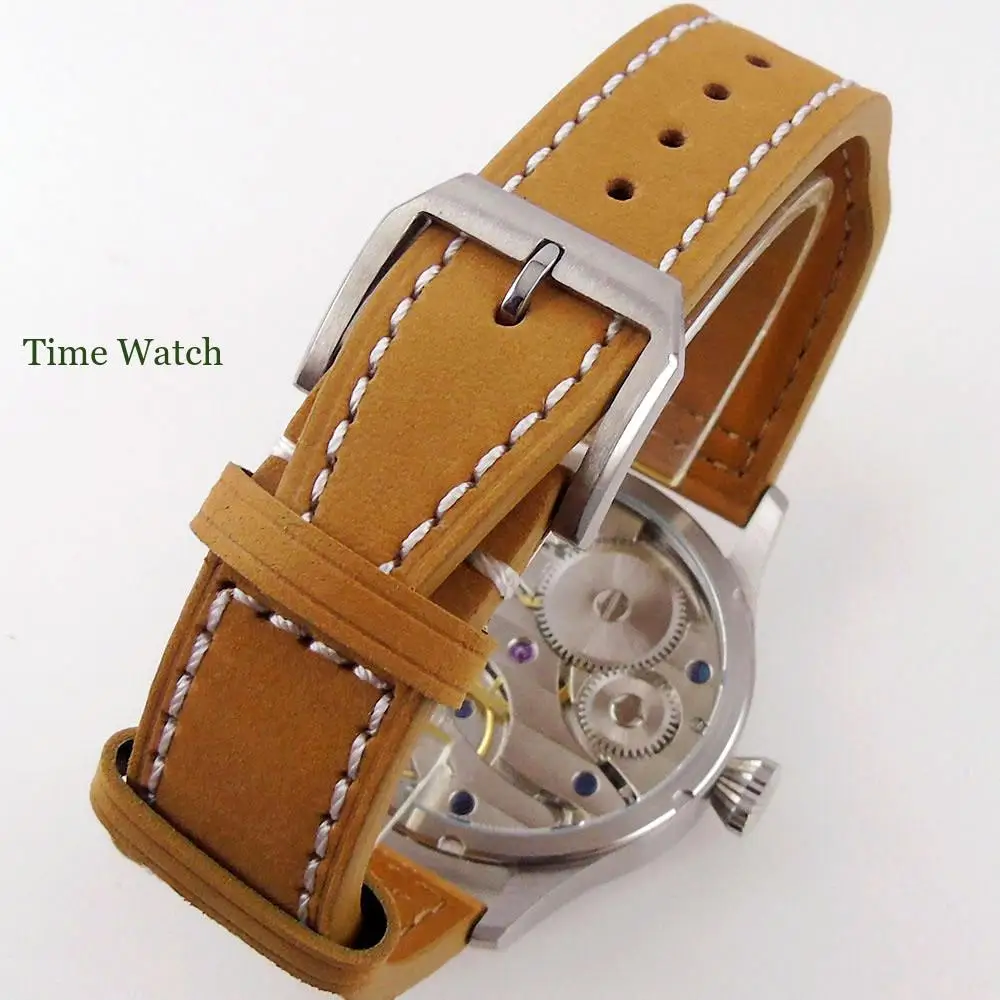 42mm Men\'s Mechanical Watch Asia 6497 Manual Movement Mineral Glass California Dial Brushed Case Leather Strap Green Lume