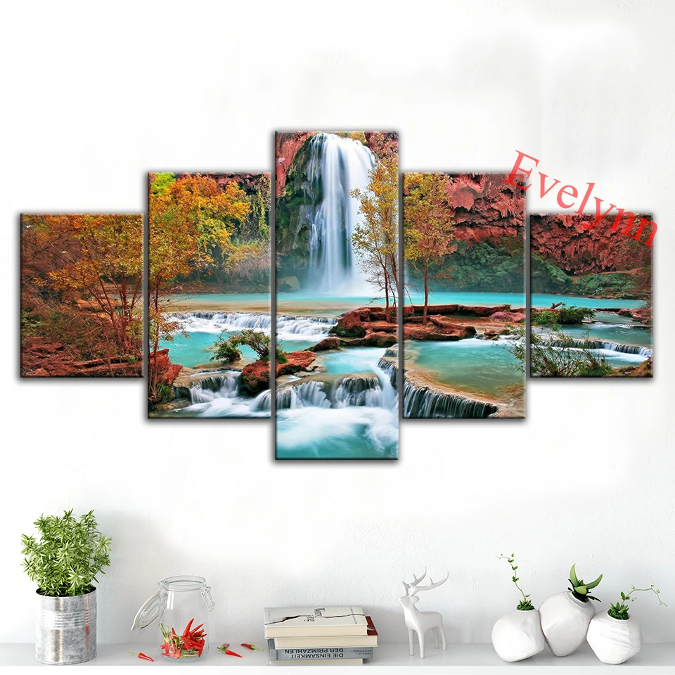 

5 Pieces Waterfall Poster Modern Canvas Frame Modular Pictures Wall Art Prints Gifts For Family Or Friends Decor Painting