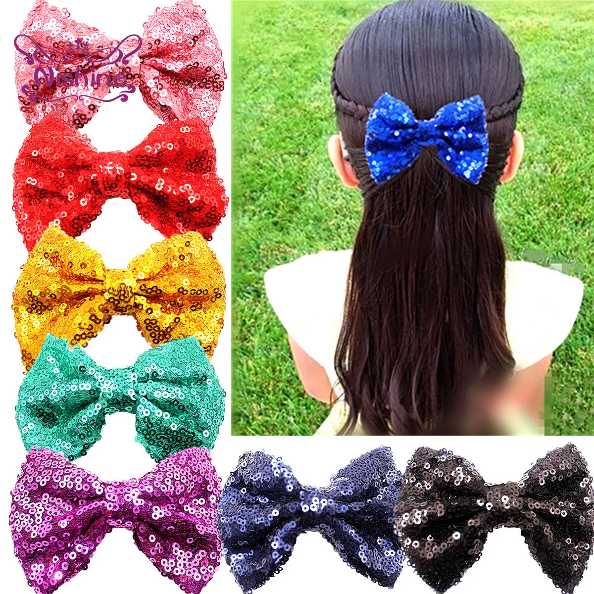 Nishine 10*8 CM Solid Color Sequins Bowknot Baby Girls Duckbill Clips DIY Handmade Bows Children Stage Headwear Princess Hairpin