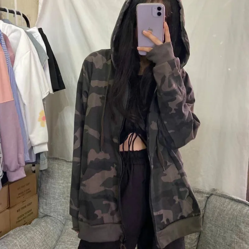 

Jackets Women Camouflage Hooded Zip-up Loose Outerwear BF Streetwear Coats Korean Style Student Trendy Womens Daily Clothing New