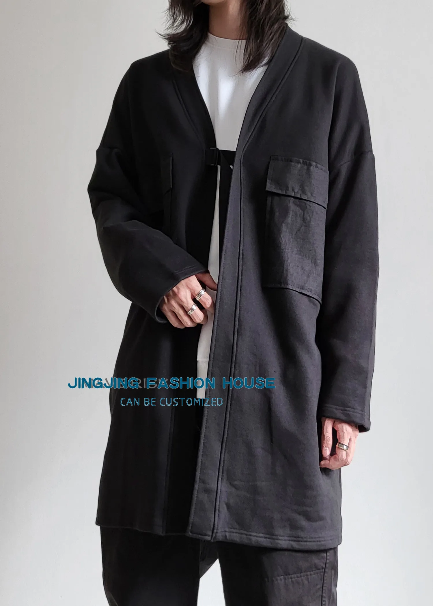 

S-6XL!!2022 Japanese style collarless cardigan hoodie strappy stitching pocket coat medium long trench coat