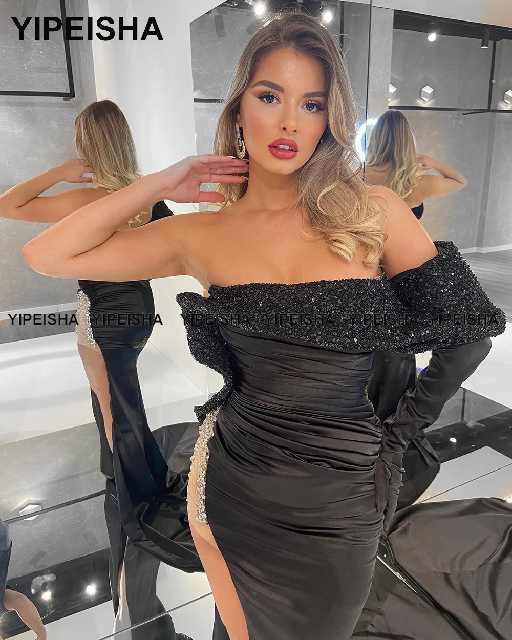 Yipeisha pesadamente frisado preto vestido de noite glitter arábia saudita branco vestido de baile fenda lateral pageant vestidos de festa sereia 2022