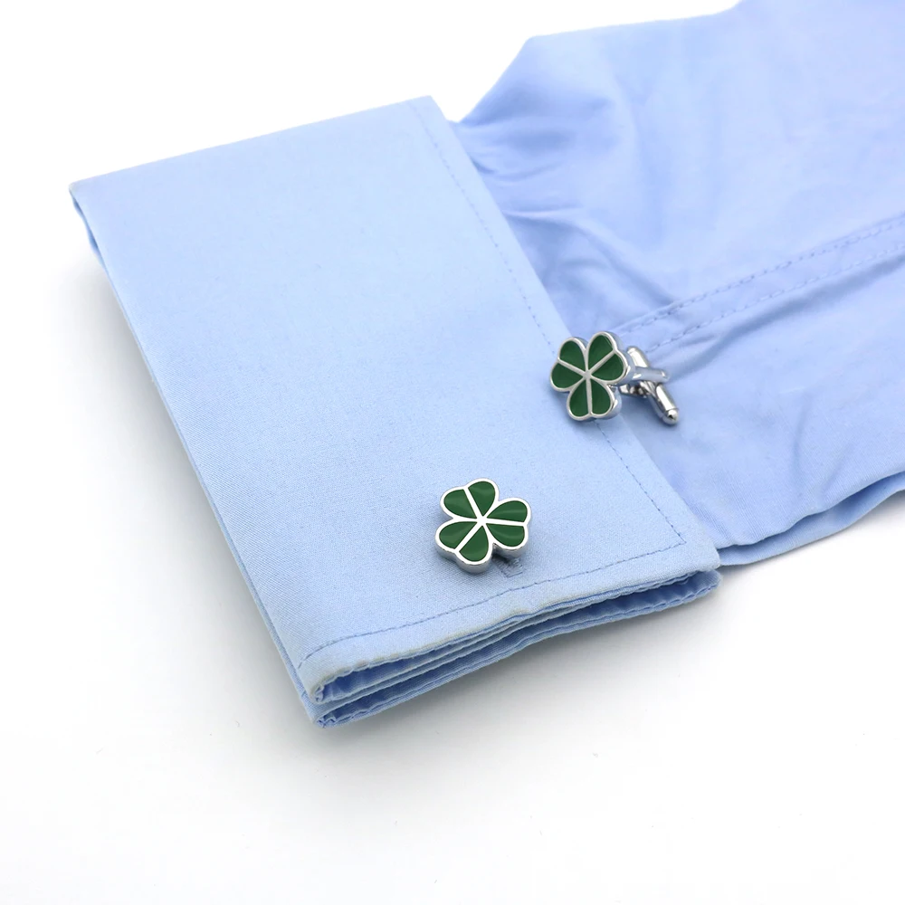 Free Shipping Men\'s Lucky Clover Cufflinks Leaf Design Green Color Quality Copper Cuff Links Wholesale&retail