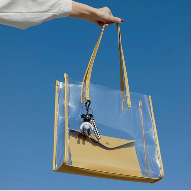 HIGHFOCAL Large Transparent Handbag New Trendy Quality PVC Women\'s Designer TotesBag Summer Clear Beach Shopping Bags B25