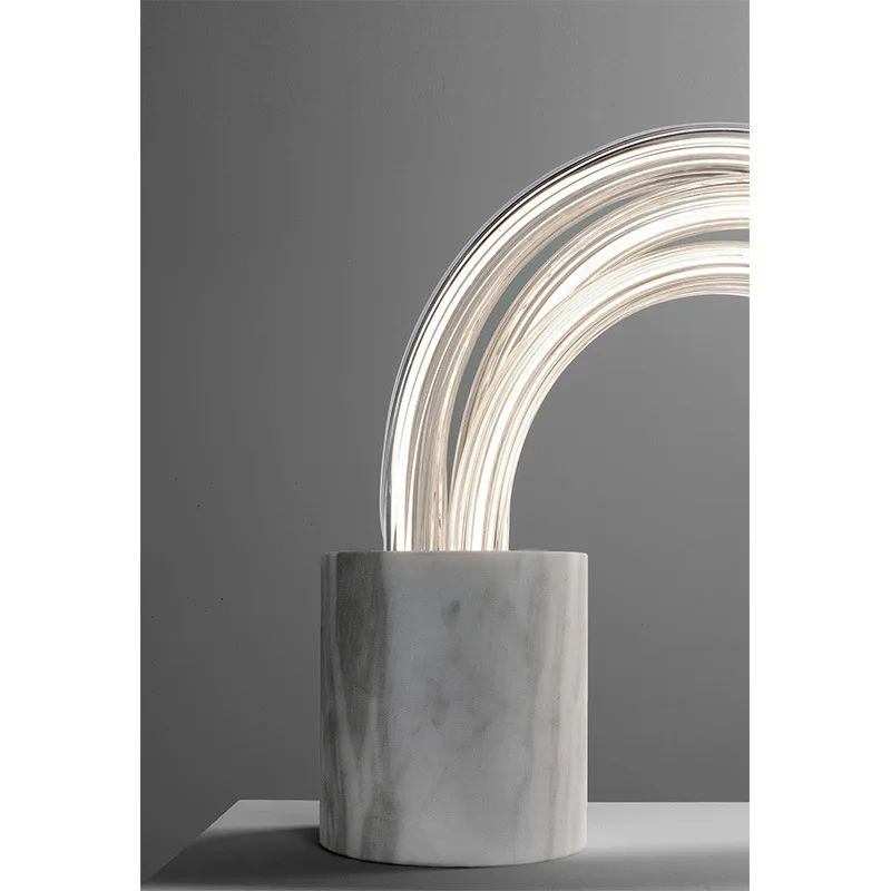 Post Modern Acrylic Tube LED Optical Fiber Concentric Lock Style Table Lamp with Cylindrical Marble Stone Bedroom Bedside Lamp