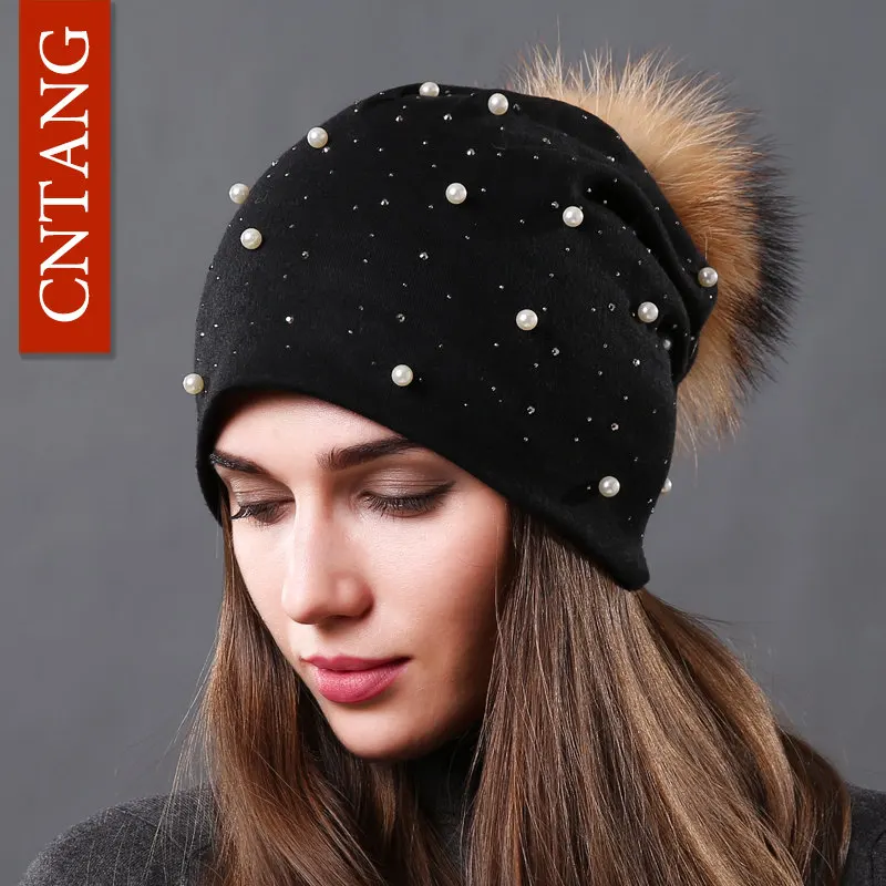 Women's Hat Natural Raccoon Fur Pompom Beanies Autumn Winter Warm Cotton Hats Rhinestone Fashion Caps for Women Multiple Styles