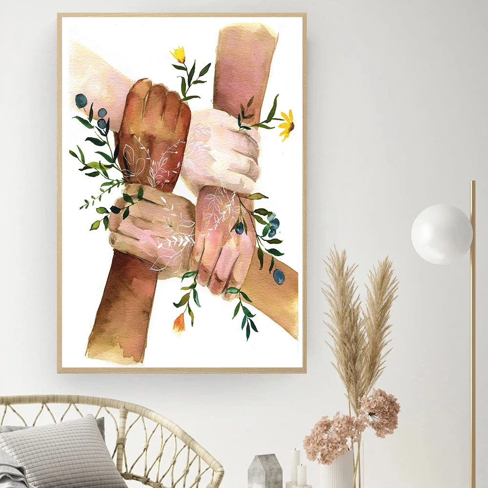 Strong Together Hand Wall Art Black White Yellow Skin Flower Abstract Poster Canvas Print Nordic Wall Pictures Room Decoration